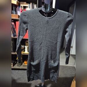 NY Collection Elegant Charcoal Sweater with Rinestone Pocket Details Sz S 3-1019